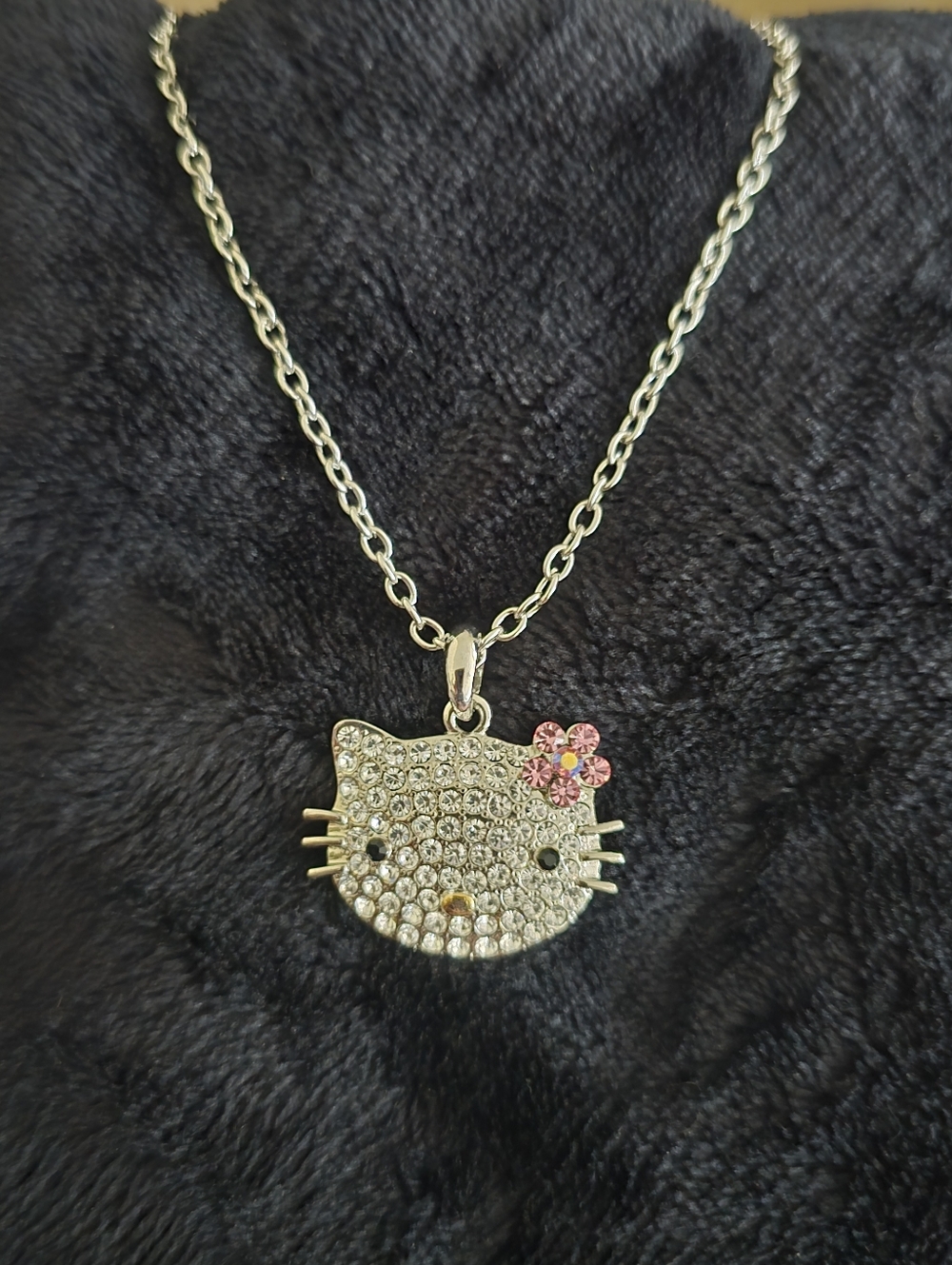 Small Crystal Cat Pendant on Silver Necklace. Gold Accents with Pink Flower